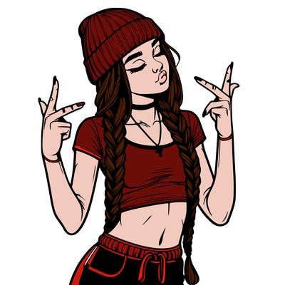 realistic teenage girl with braids and a beanie and crop top doing 🫶🏼