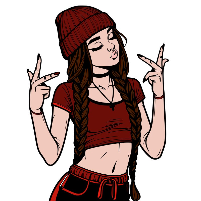 realistic teenage girl with braids and a beanie and crop top doing 🫶🏼