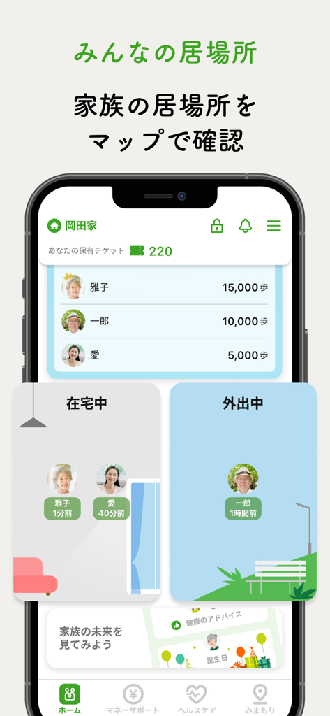 家族をみまもるならファミリーネットワークサービス - Interfaz de la aplicación móvil Family Network Service que muestra el recuento de pasos de los miembros de la familia y su estado actual como en casa o fuera.