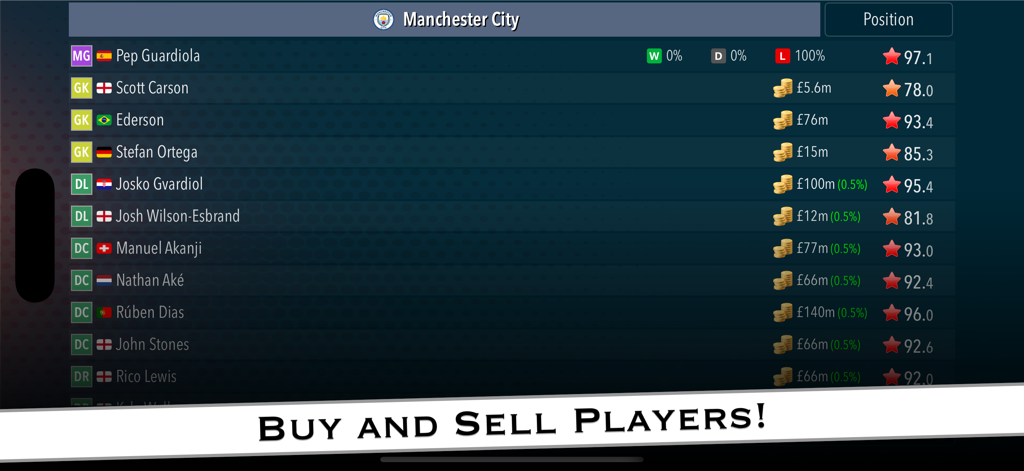 Football Tycoon 2 - A squad management screen in Football Tycoon 2 showing Manchester City players with their market values and star ratings
