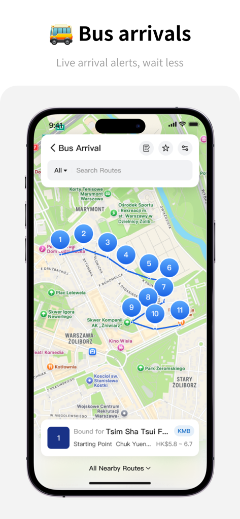 HK Transit & Customs - ZoiHK - App mobile ZoiHK che mostra avvisi di arrivo degli autobus in tempo reale e navigazione sulla mappa del percorso