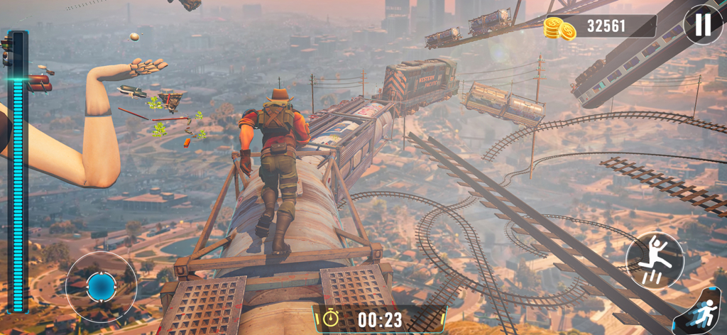Going Jump Up: Parkour Games - Gameplay screenshot showing a character climbing on floating train cars and rail tracks in a high-altitude urban environment.