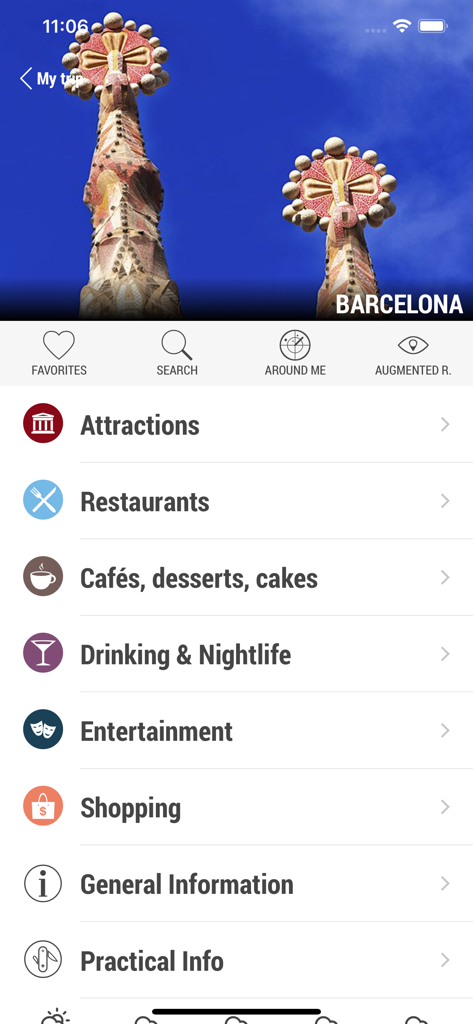 GlobusGO - Pantalla de la aplicación móvil GlobusGO mostrando una guía de viaje para Barcelona con categorías para atracciones, restaurantes y compras.