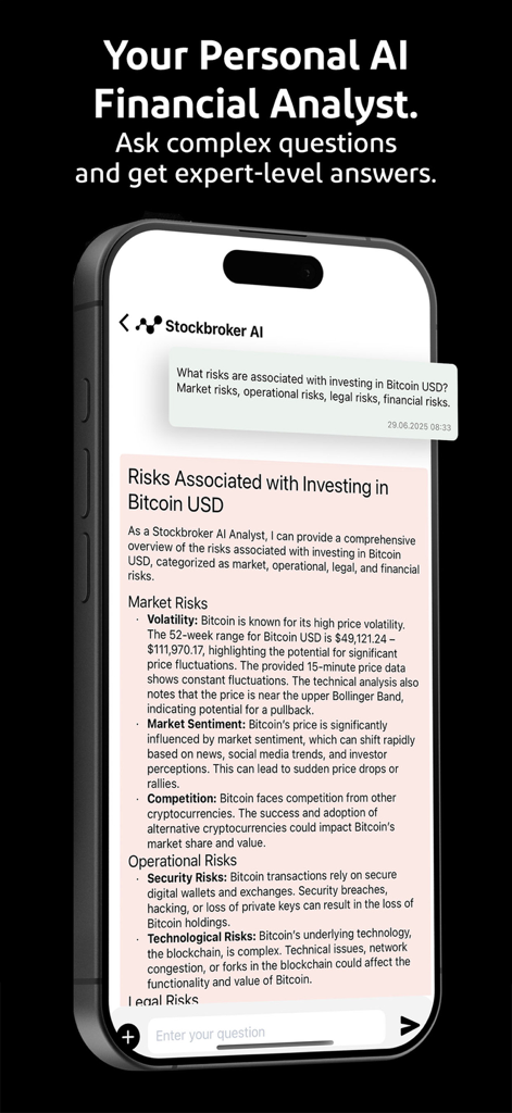 Stockbroker AI - Stockbroker AI chatbot interface providing expert financial analysis on Bitcoin investment risks