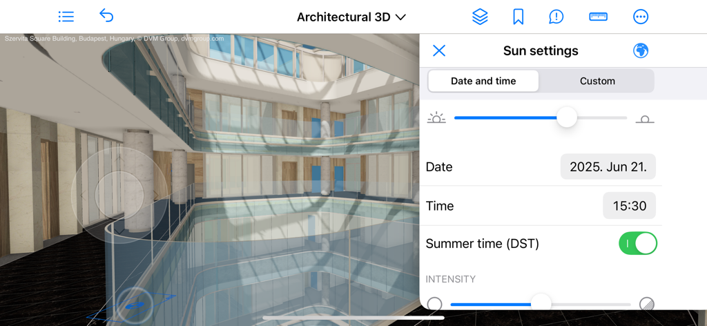 Interfaz de la aplicación móvil BIMx que muestra la configuración del sol y simulación de sombras en un modelo arquitectónico 3D.