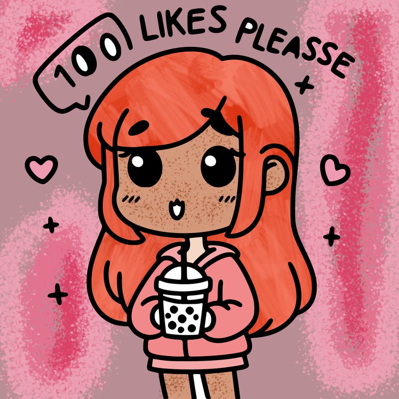 girl holding boba while saying 100 likes please