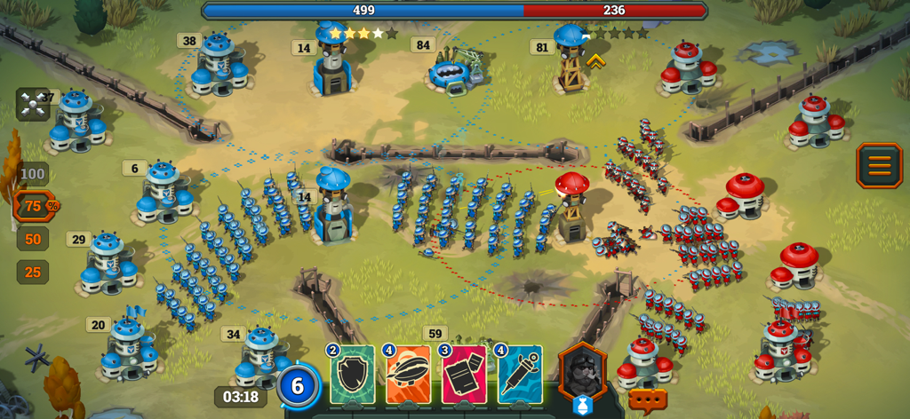 Bunker Wars: WW1 RTS - Batalha de estratégia em tempo real em Bunker Wars WW1 mostrando tropas azuis atacando bunkers vermelhos e cartas de habilidade tática