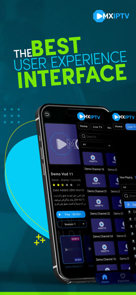 MX Player: IPTV Player - MX Player IPTV app interface displaying a movie description and a list of live TV channels on a mobile screen.
