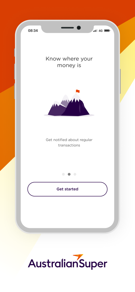 AustralianSuper - AustralianSuper mobile app onboarding screen featuring a Get started button and mountain illustration