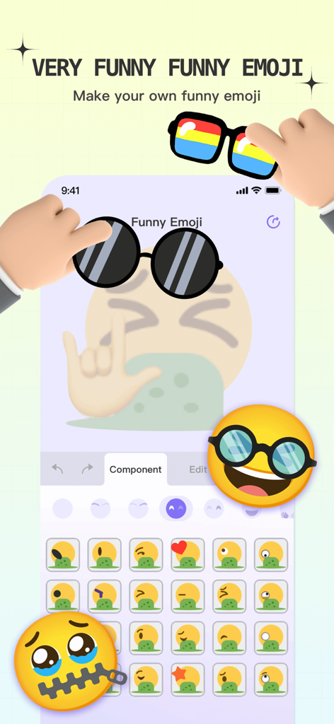 Uma interface de aplicativo móvel para criar emojis engraçados personalizados adicionando componentes como óculos de sol