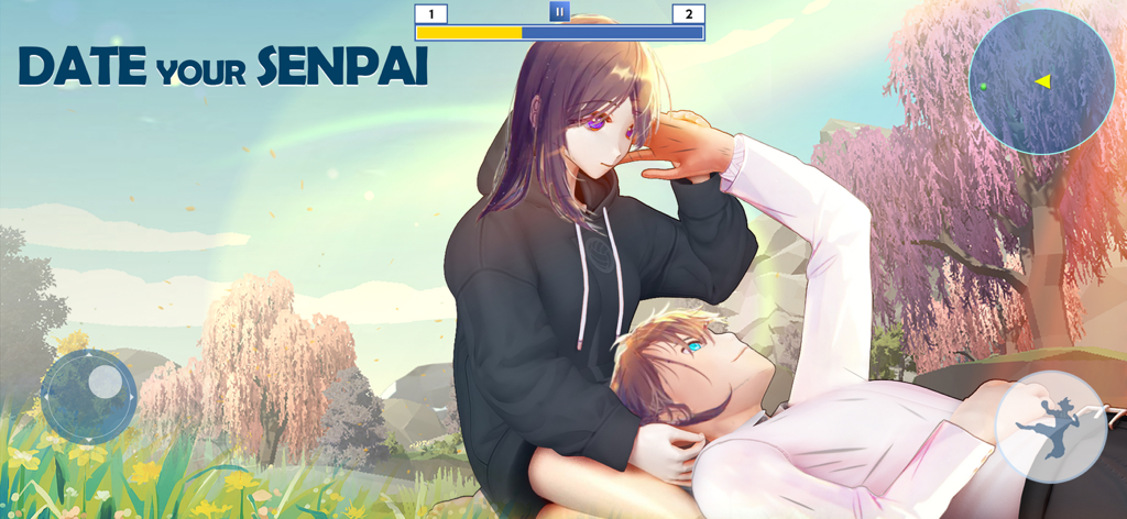 Anime Girl Love Life Simulator - An anime girl and boy character enjoying a date in a flowery field with the text date your senpai