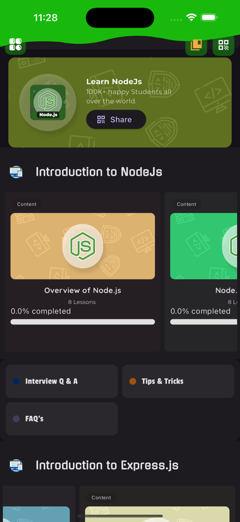 Main dashboard of the Learn Node.js and Express.js app showing tutorials and study resources.