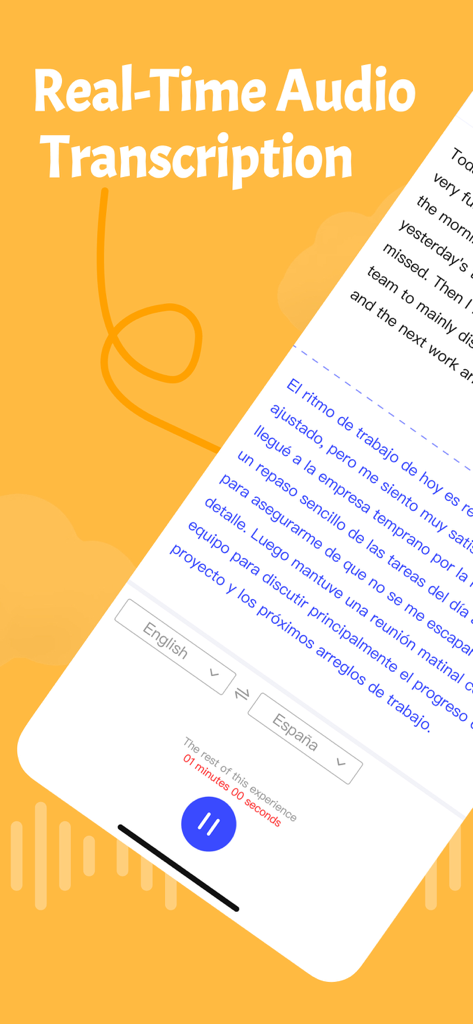 TTSpeech: Text to Speech Audio - Interface d'application mobile montrant la transcription audio en temps réel et la traduction entre l'anglais et l'espagnol