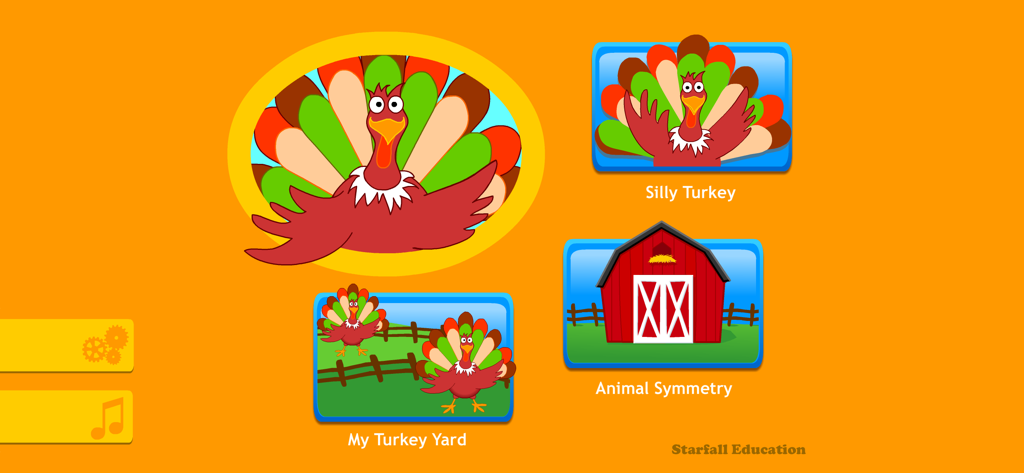 Home screen of the Starfall Turkey app showing various educational activities like Silly Turkey and Animal Symmetry