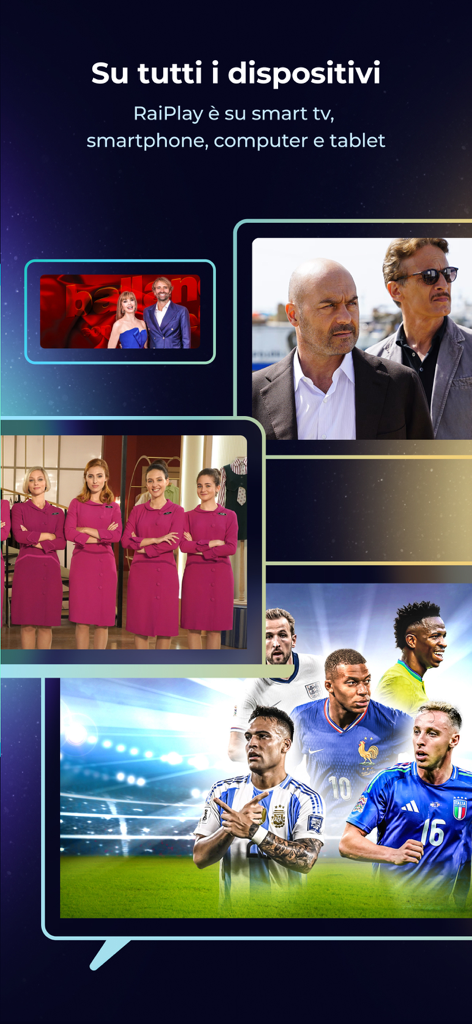 RaiPlay - RaiPlay app interface showing Italian TV shows and sports available on smart TV and mobile devices.
