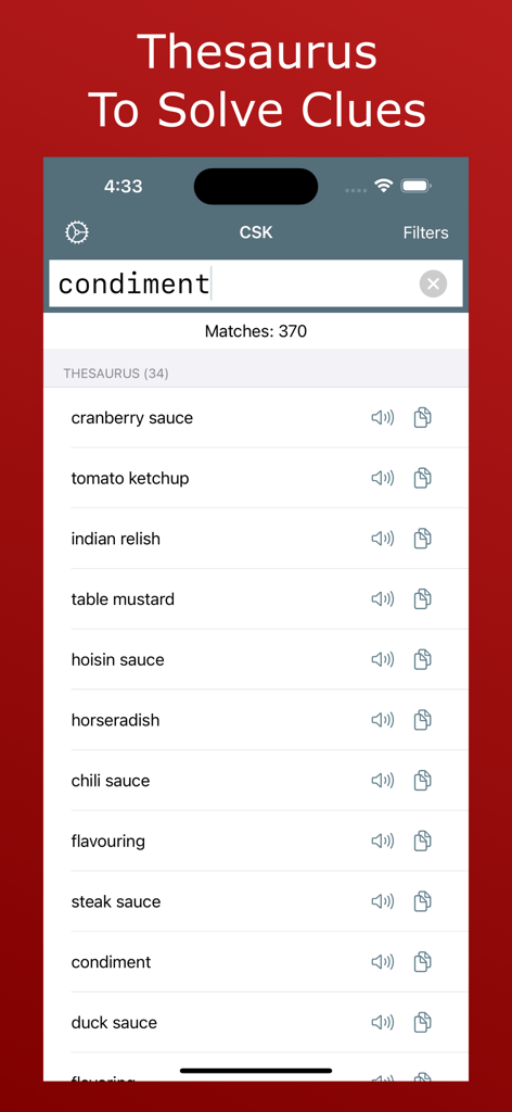 Crossword Solver King - Crossword Solver King app screen showing thesaurus search results for the word condiment