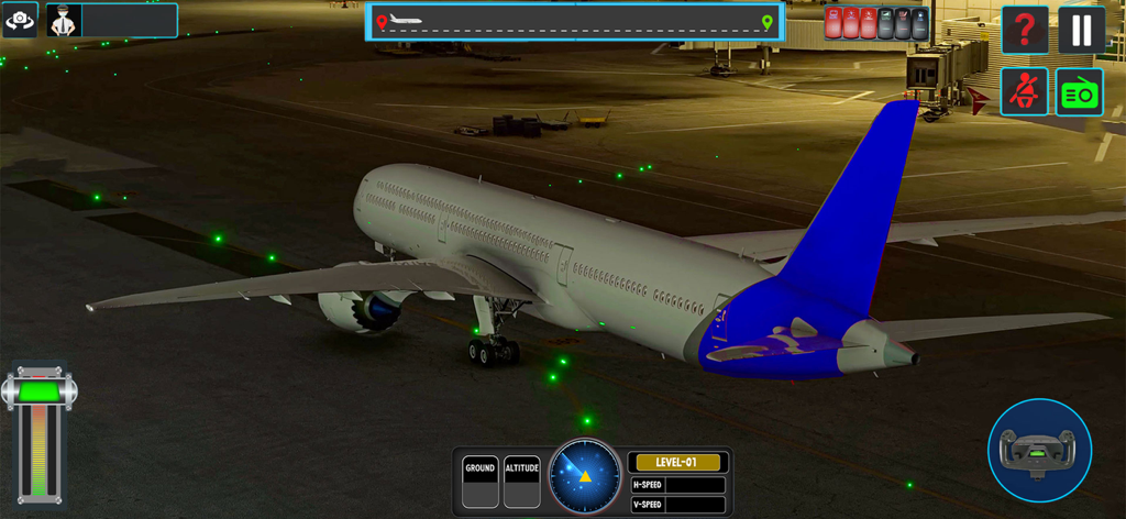 Airplane Flying Simulator Game - Um avião comercial taxiando em uma pista de aeroporto à noite com controles de simulador de voo exibidos na tela.