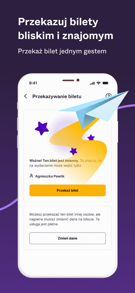 Mobile screen of the eBilet app showing the ticket transfer feature to send event tickets to friends