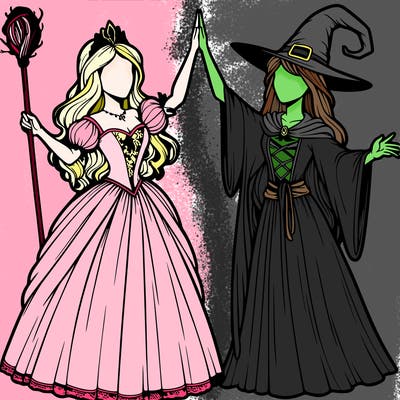 detailed realistic split of a princess and a witch