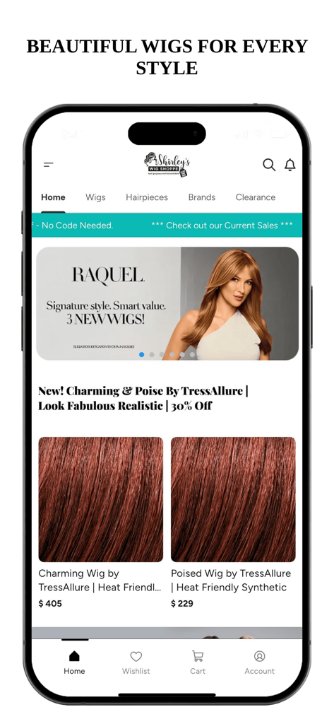 Shirleys Wig Shoppe - Shirley’s Wig Shoppe mobile app home screen featuring premium wigs and current sales