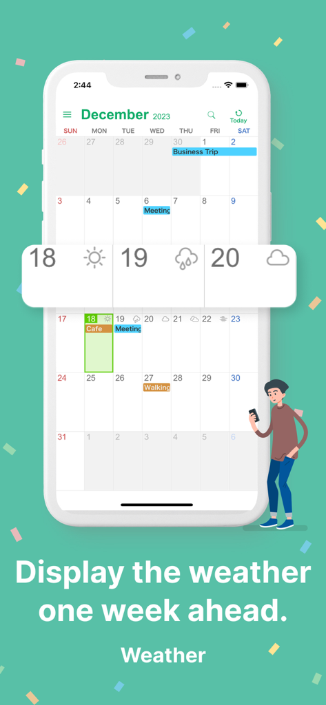 Simple Calendar app interface showing a monthly view with an integrated weather forecast overlay