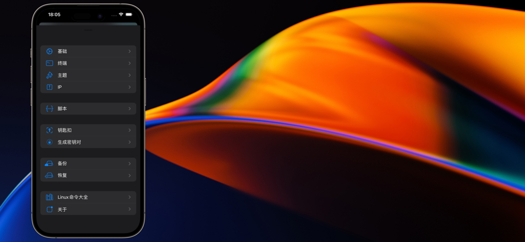 SSH Term - Secure Remote Shell - A smartphone displaying the settings menu of the SSH Term app in Chinese, featuring options for terminal configuration, scripts, and security.