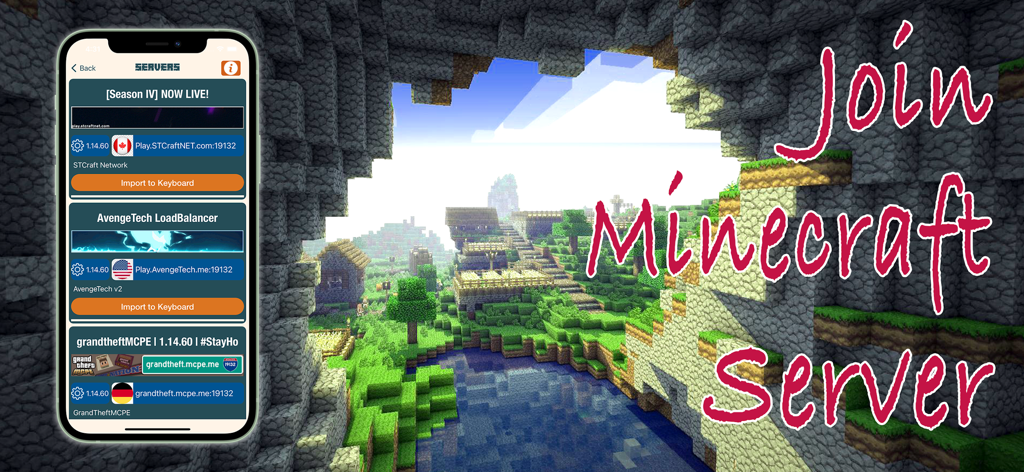 Mobile app screen showing various Minecraft PE multiplayer servers to join