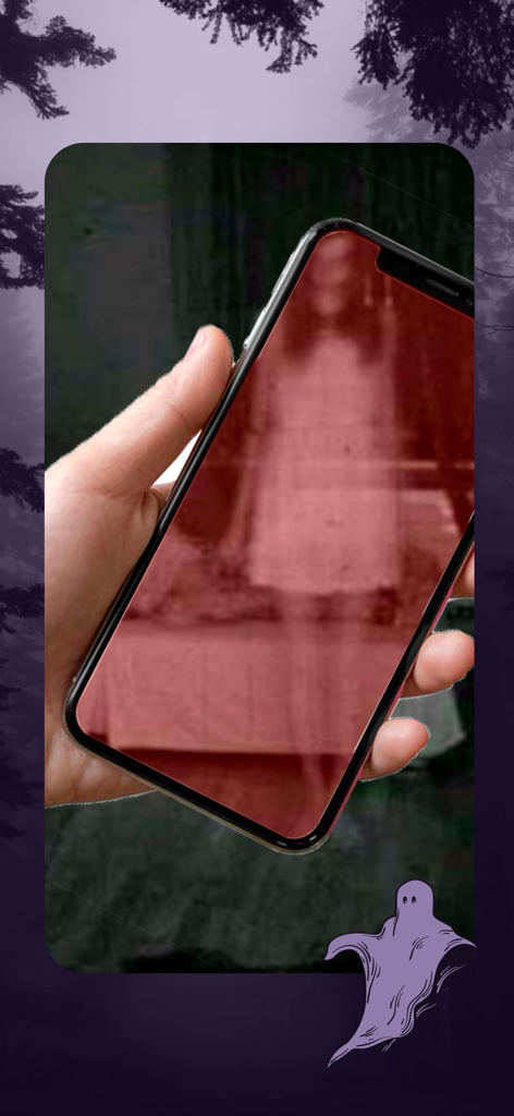 Camera Ghost Radar Game - Una mano sosteniendo un iPhone que muestra una figura fantasmal espeluznante en la pantalla de la cámara a través de la aplicación de radar