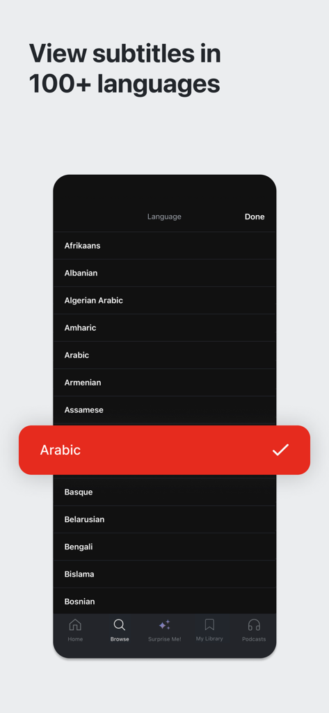 TED Talks: Watch and Learn - Interface exibindo a lista de mais de 100 idiomas de legendas disponíveis no aplicativo TED com árabe selecionado.