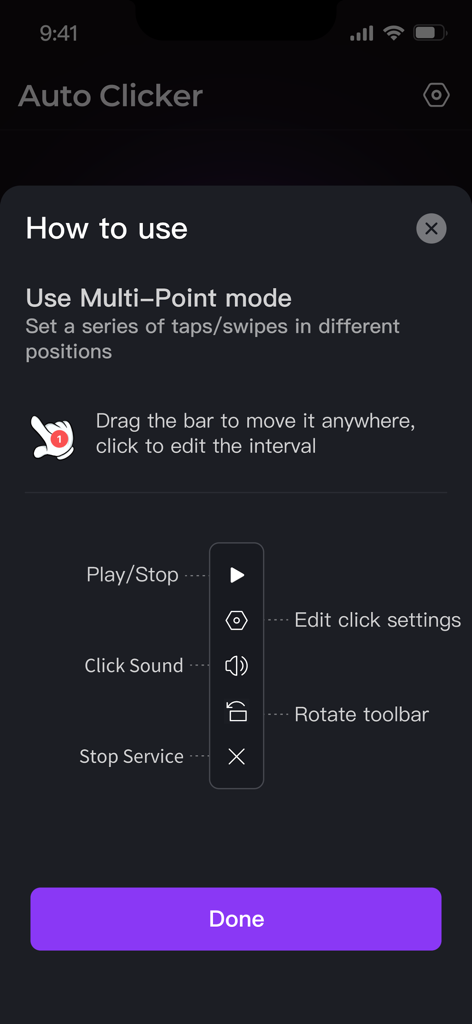 Pantalla de tutorial para la aplicación Auto Clicker que explica cómo usar el modo Multipunto y su barra de control flotante