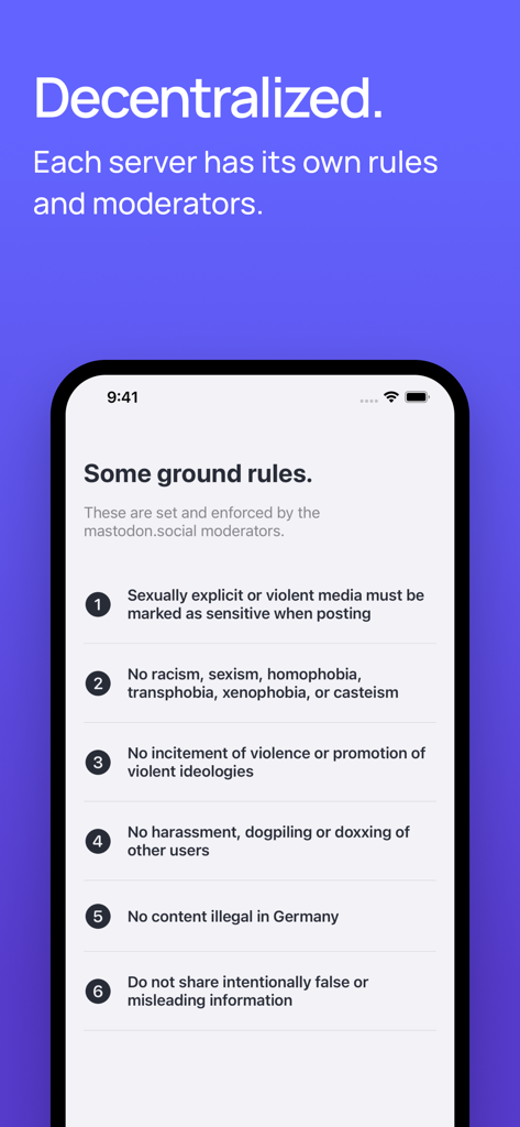 Mastodon - Interface de l'application Mastodon montrant une liste de règles communautaires pour un serveur décentralisé.