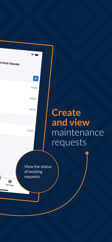 rmResident - A screen from the rmResident app showing options to create and view maintenance requests with service ticket numbers.