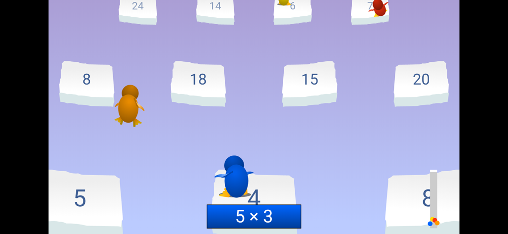 Arcademics - Penguin Jump educational game showing a multiplication problem with penguins on ice floes