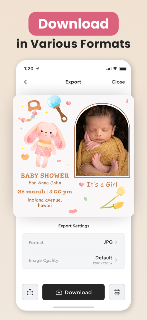 Invitation Maker - Greetings - Ein mobiler Bildschirm, der die Exportoptionen für eine personalisierte Babyparty-Einladung mit einem Babyfoto und einer rosa Hasenillustration zeigt.