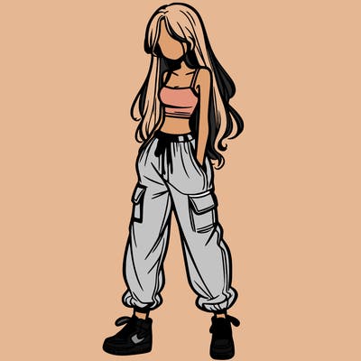 girl in baggy pants crop top and long hair