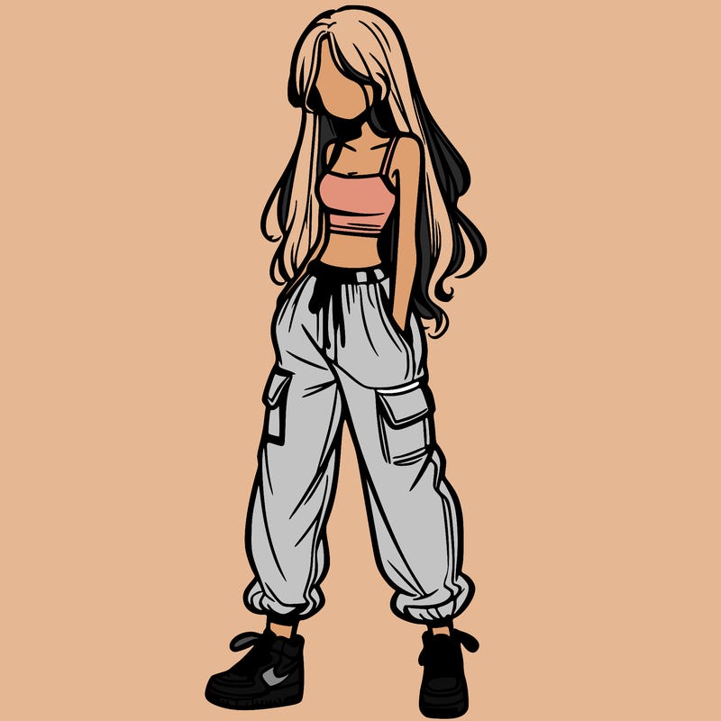 girl in baggy pants crop top and long hair