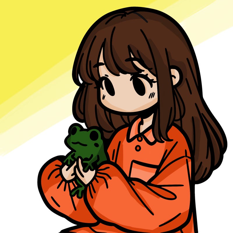 girl with long hair and a oversized shirt. and she is holding a frog