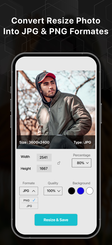 Photo Resizer & Compressor - Interface for resizing photos and converting them to JPG or PNG formats with custom pixel dimensions