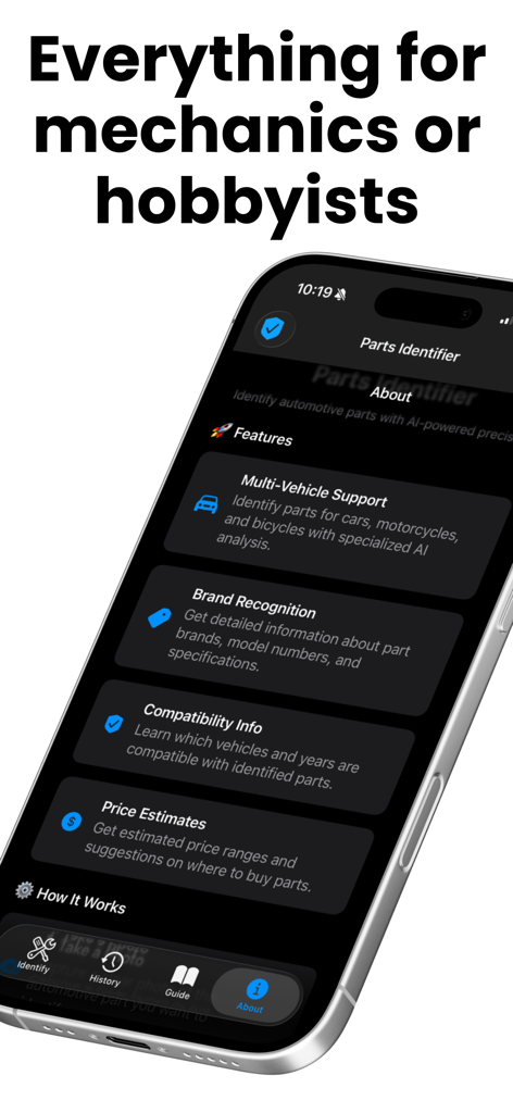 Car Parts Identifier: AI Scan - Lista de recursos do aplicativo Identificador de Peças Automotivas para mecânicos e hobbyistas mostrando reconhecimento de marca e estimativas de preço