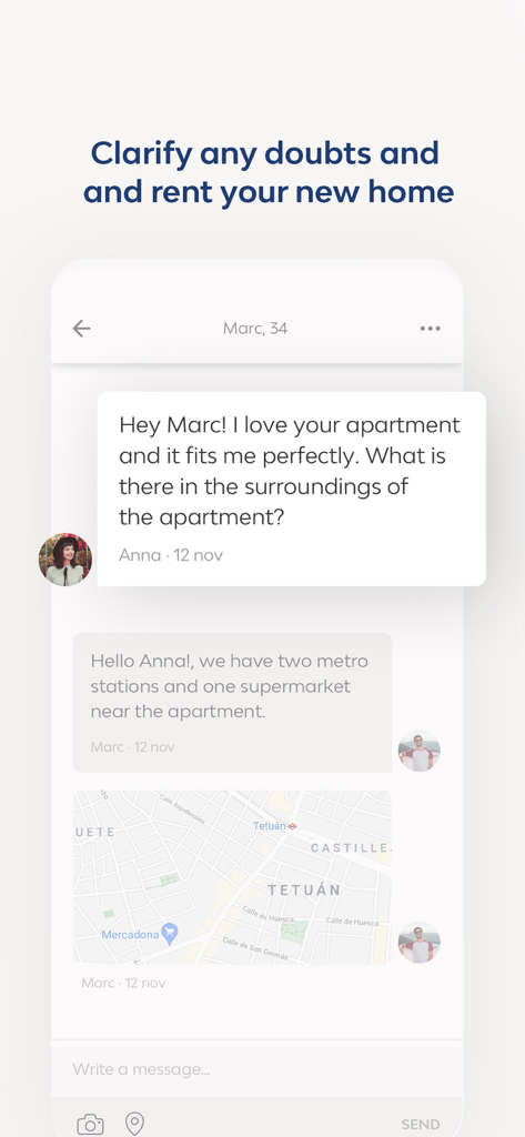 Badi app in-app chat interface showing a conversation about apartment location with an integrated map