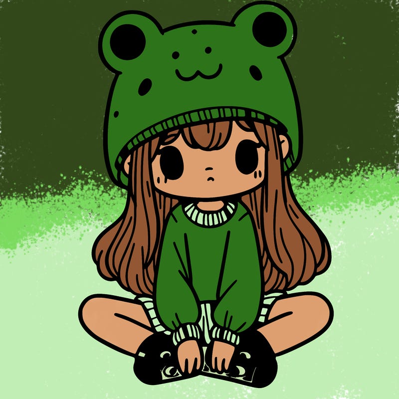 a girl wearing a frog hat and some frog socks