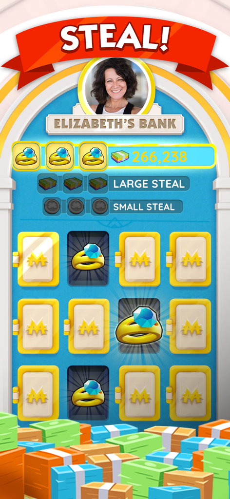 友達の銀行から現金を盗むプレイヤーとダイヤモンドリングの報酬を示すモノポリーゴー銀行強盗ミニゲーム画面。