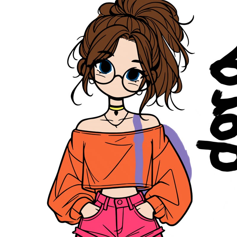 girl with a messy ponytail glasses a baggy crop top and jean shorts