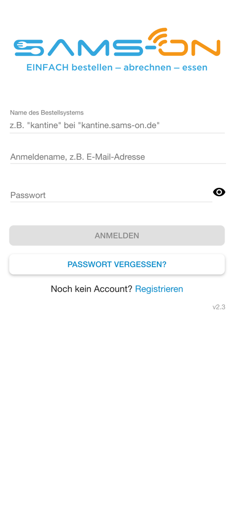 Pantalla de inicio de sesión de la aplicación de gestión de cafeterías SAMS-ON que muestra campos para el nombre del sistema de pedidos, el nombre de usuario y la contraseña
