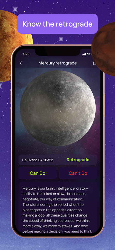 Numia: Astrology and Horoscope - Mercury retrograde phase details and explanation in the Numia astrology app
