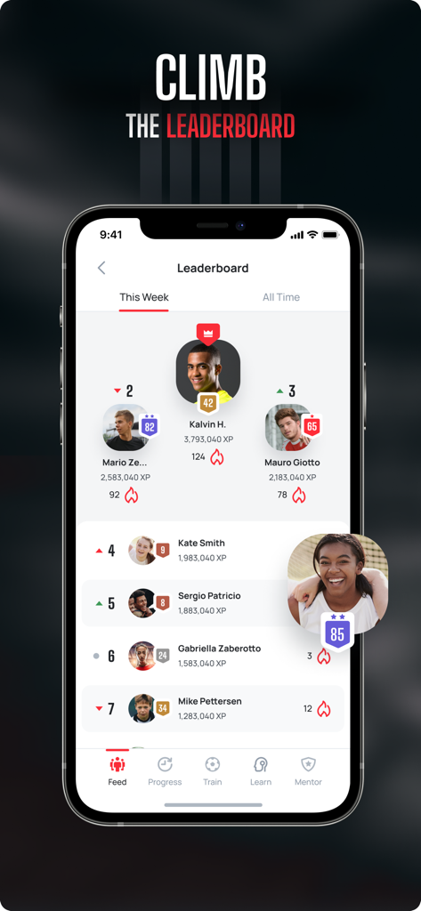 A mobile app screen displaying a weekly soccer training leaderboard with player profiles rankings and XP points