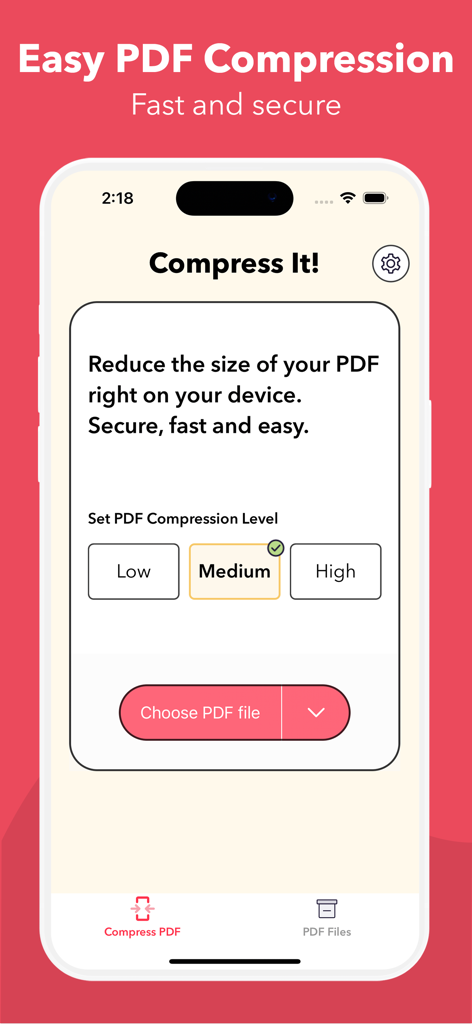 Compress It! PDF Compressor - Interfaz de la app móvil de Compress It! mostrando ajustes para niveles de compresión de PDF y botón de selección de archivo.