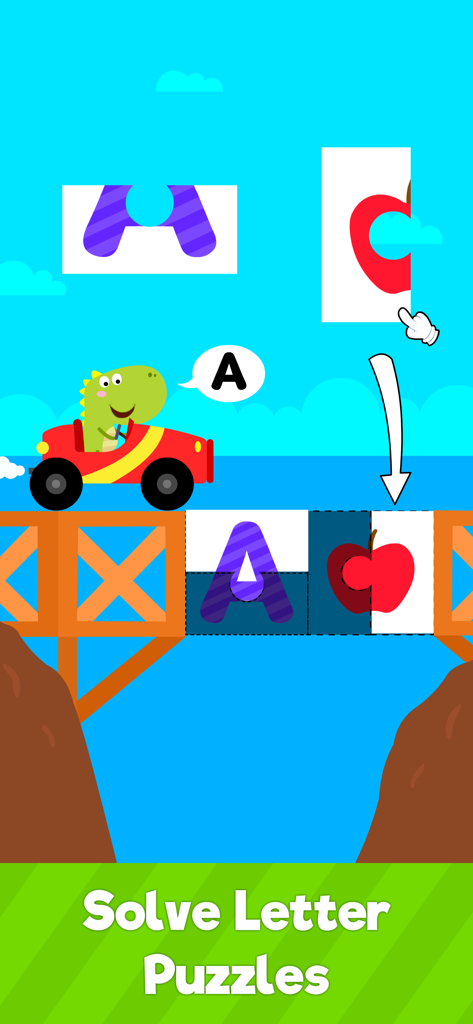 ABC Alphabet Learning for Kids - Un dinosaurio conduciendo un coche por un puente mientras resuelve acertijos de la letra A y manzanas
