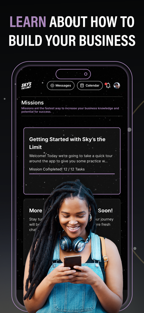Sky's The Limit app screen showing business missions for entrepreneurs and a woman using the platform.