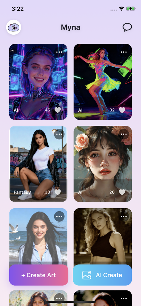 Feed da comunidade do aplicativo Myna mostrando diversos retratos artísticos gerados por IA e opções de criação